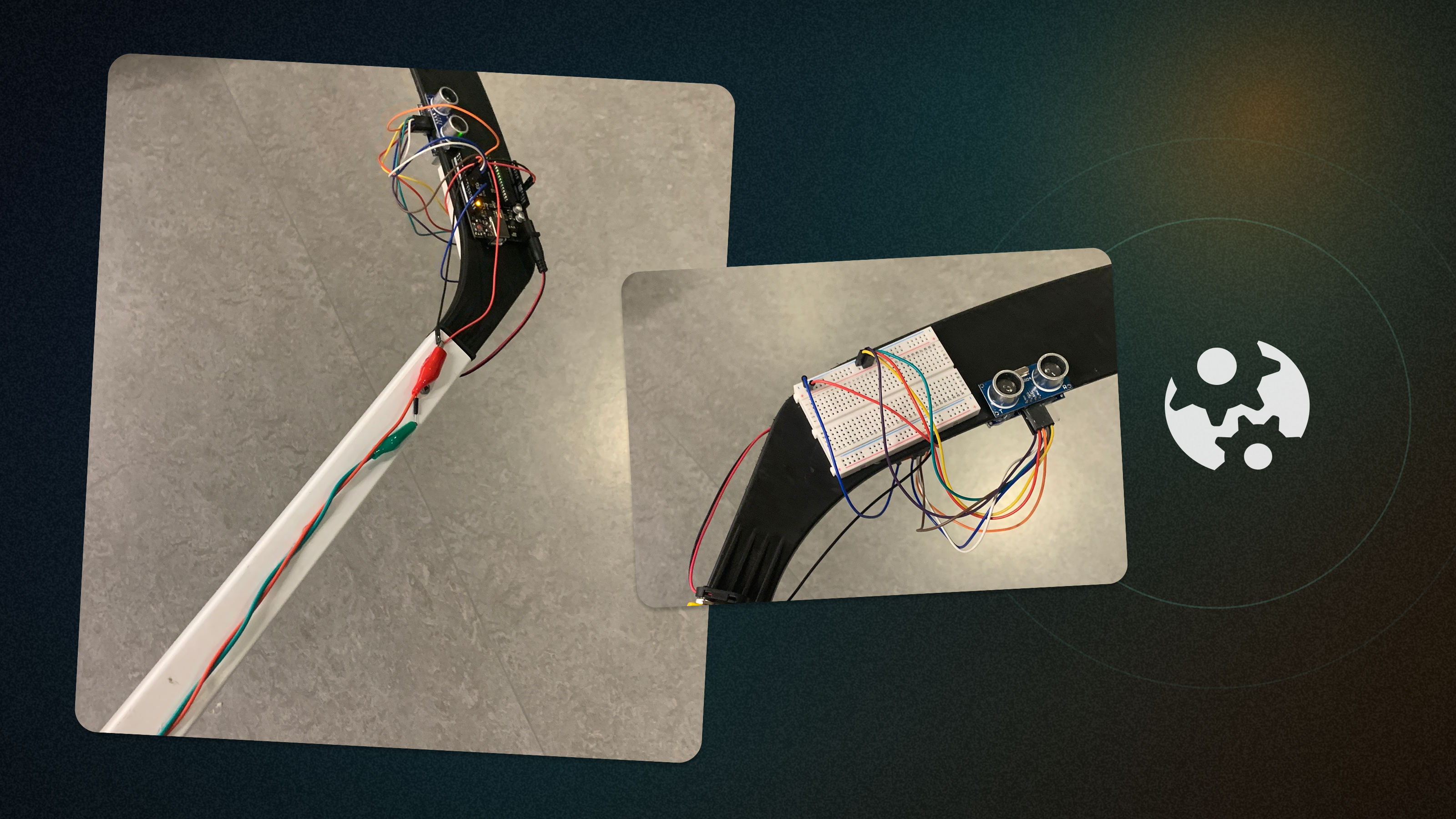 Abel walking cane prototype with a detailed view of its ultrasonic sensors and breadboard wiring