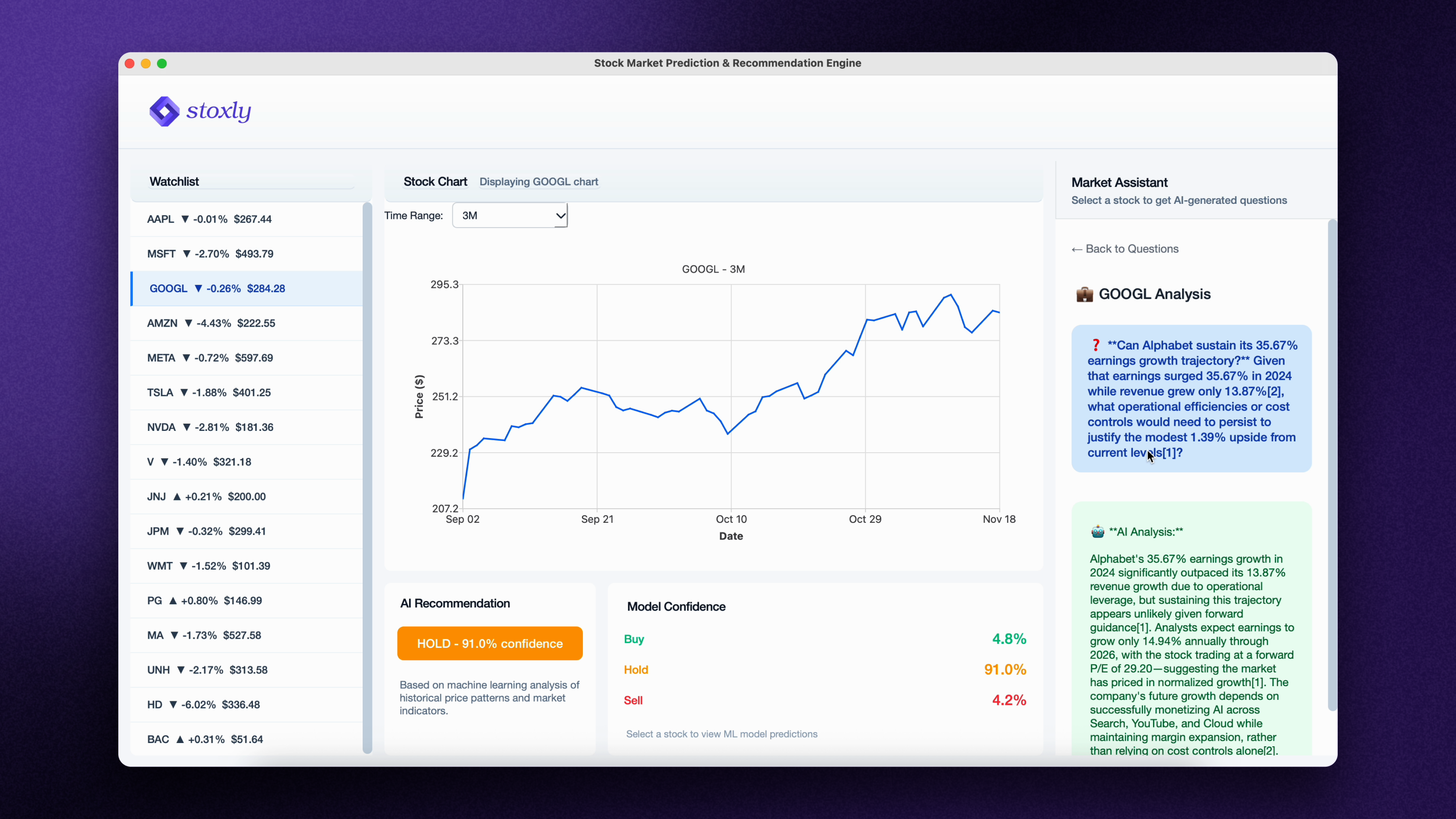 Stoxly desktop dashboard with a Google stock chart and market assistant, framed by a purple gradient and grain texture